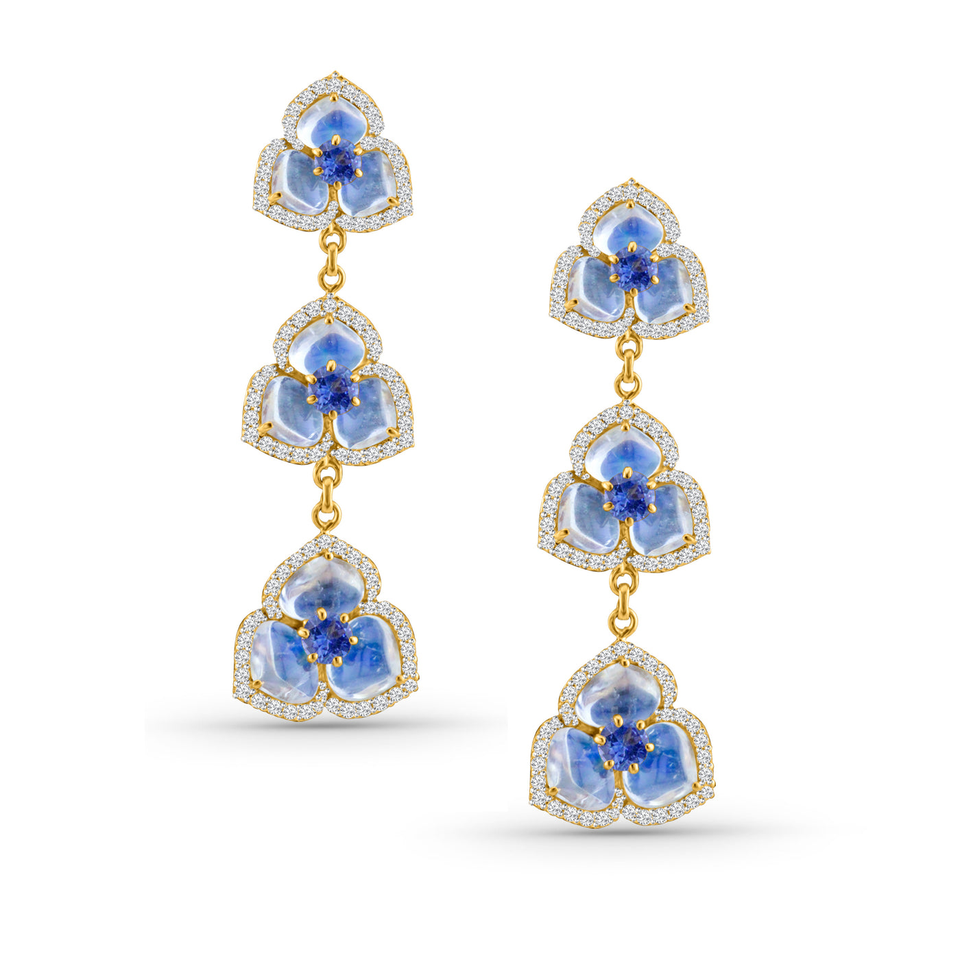 Blue Sapphire Round, Rainbow Moonstone Tabiz Shape And Diamond Earring In 18K Yellow Gold