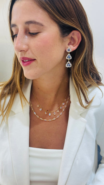 Blue Sapphire Round, Rainbow Moonstone Tabiz Shape And Diamond Earring In 18K Yellow Gold