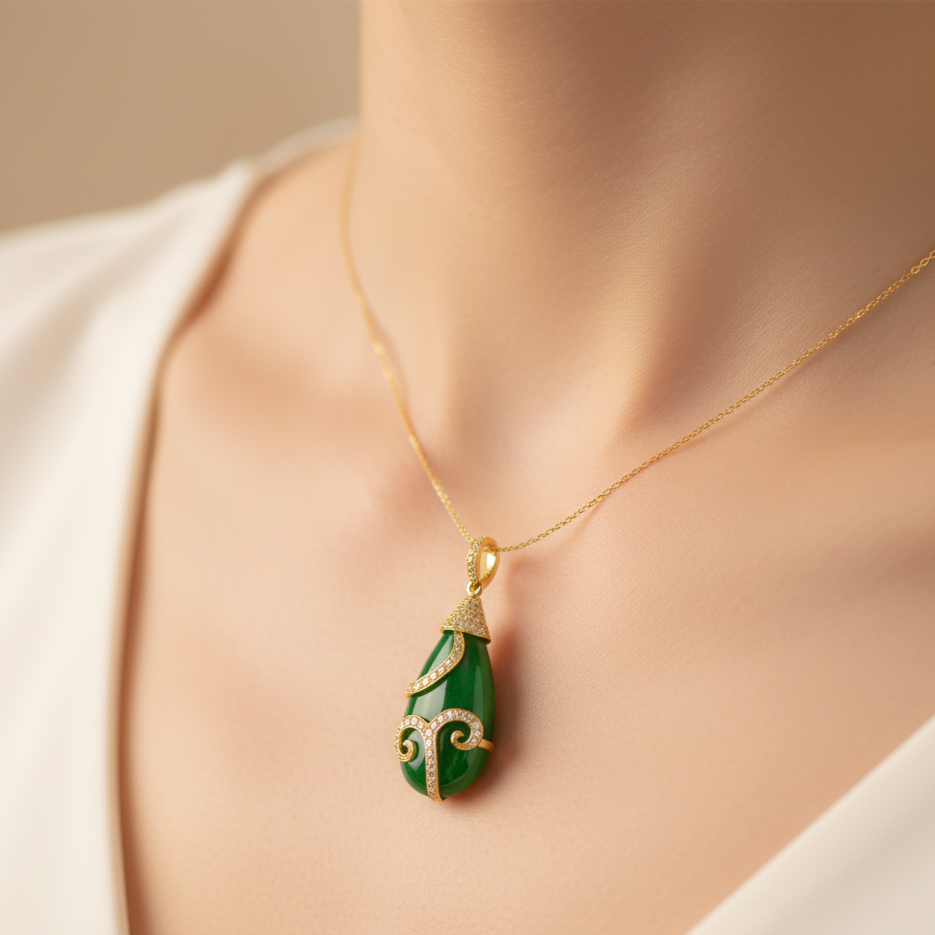 Green teardrop pendant necklace on a mannequin with a beige Elegant emerald pendant necklace on model – luxury gold jewelry for women by Tresor Collectionbackground