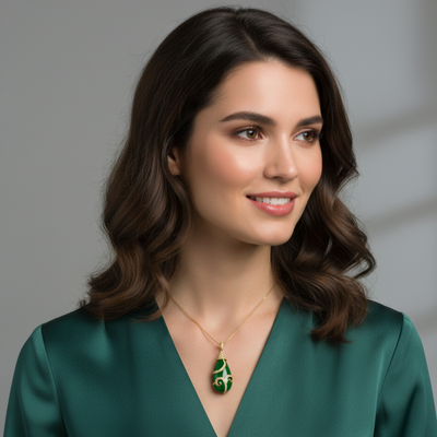 Woman wearing a green dress with a matching necklace against a gray background Emerald gold pendant necklace styled for bridal and festive occasions – Tresor Collection