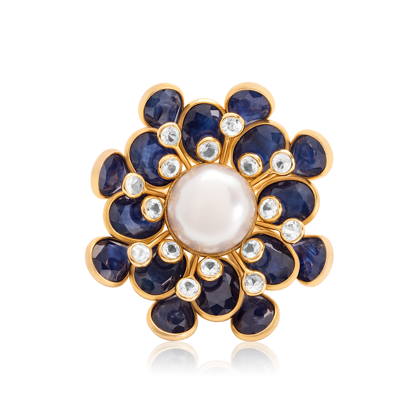 Blue Sapphire, White Sapphire And Pearl Flower Ring In 18K Yellow Gold