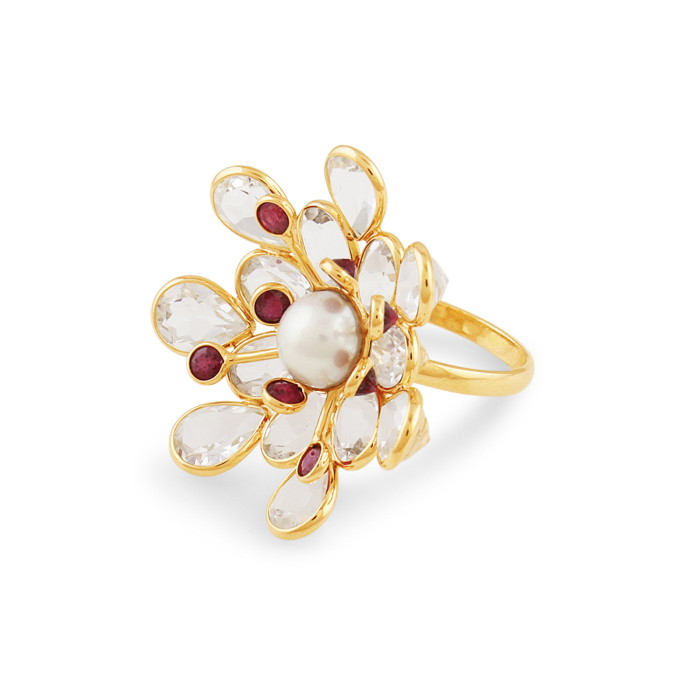 Blue Sapphire, White Sapphire And Pearl Flower Ring In 18K Yellow Gold