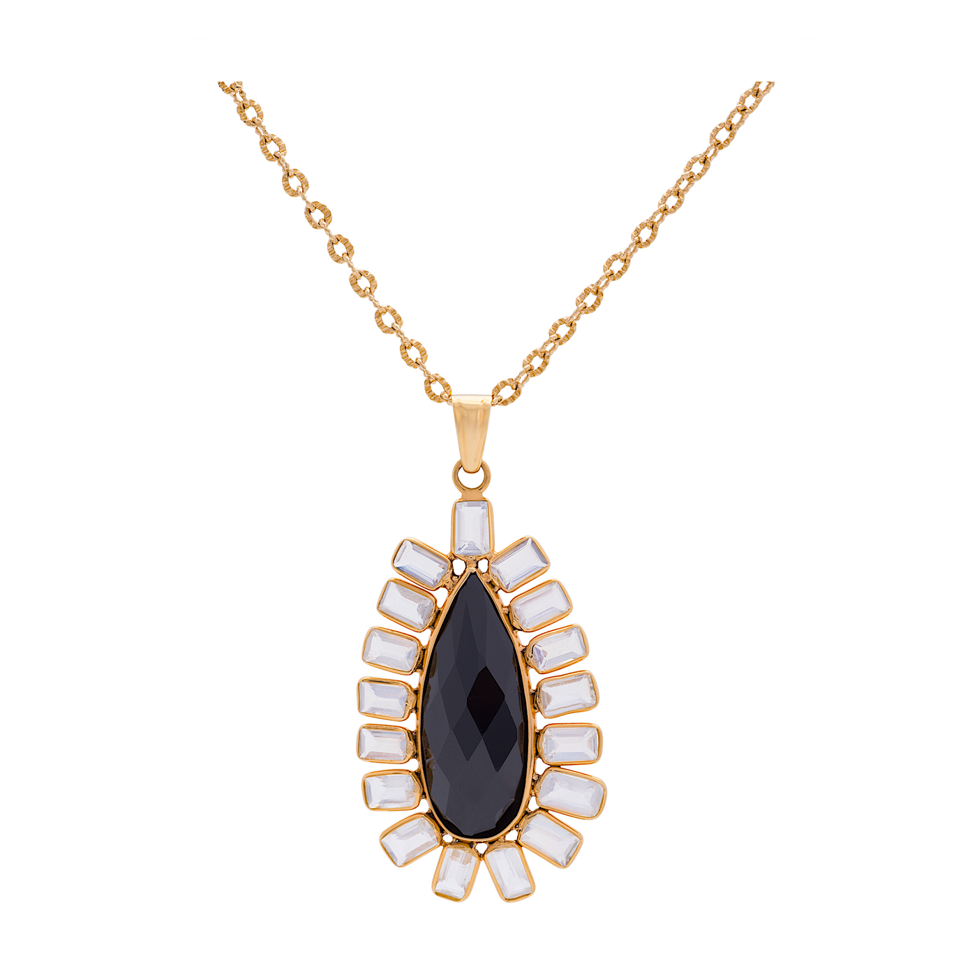 18K Yellow Gold Black Spinel & Rainbow Moonstone Pendant by Tresor Collection Elegant black teardrop pendant necklace in 18K gold with pearl halo – handcrafted fine jewelry by Tresor Collection