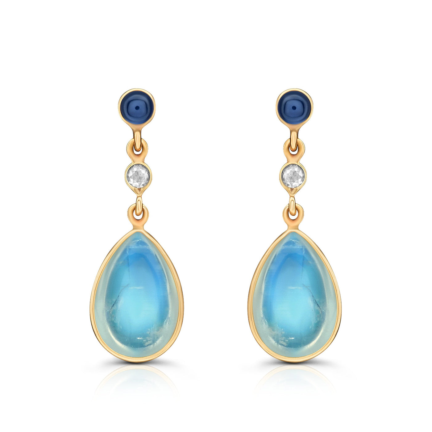 18K Gold Blue Sapphire, Rainbow Moonstone & Diamond Earrings by Tresor Collection 18K gold Rainbow Moonstone and Blue Sapphire drop earrings flatlay – luxury handcrafted jewelry by Tresor Collection