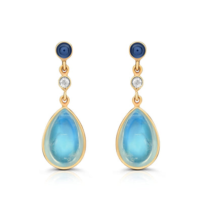 18K Gold Blue Sapphire, Rainbow Moonstone & Diamond Earrings by Tresor Collection 18K gold Rainbow Moonstone and Blue Sapphire drop earrings flatlay – luxury handcrafted jewelry by Tresor Collection