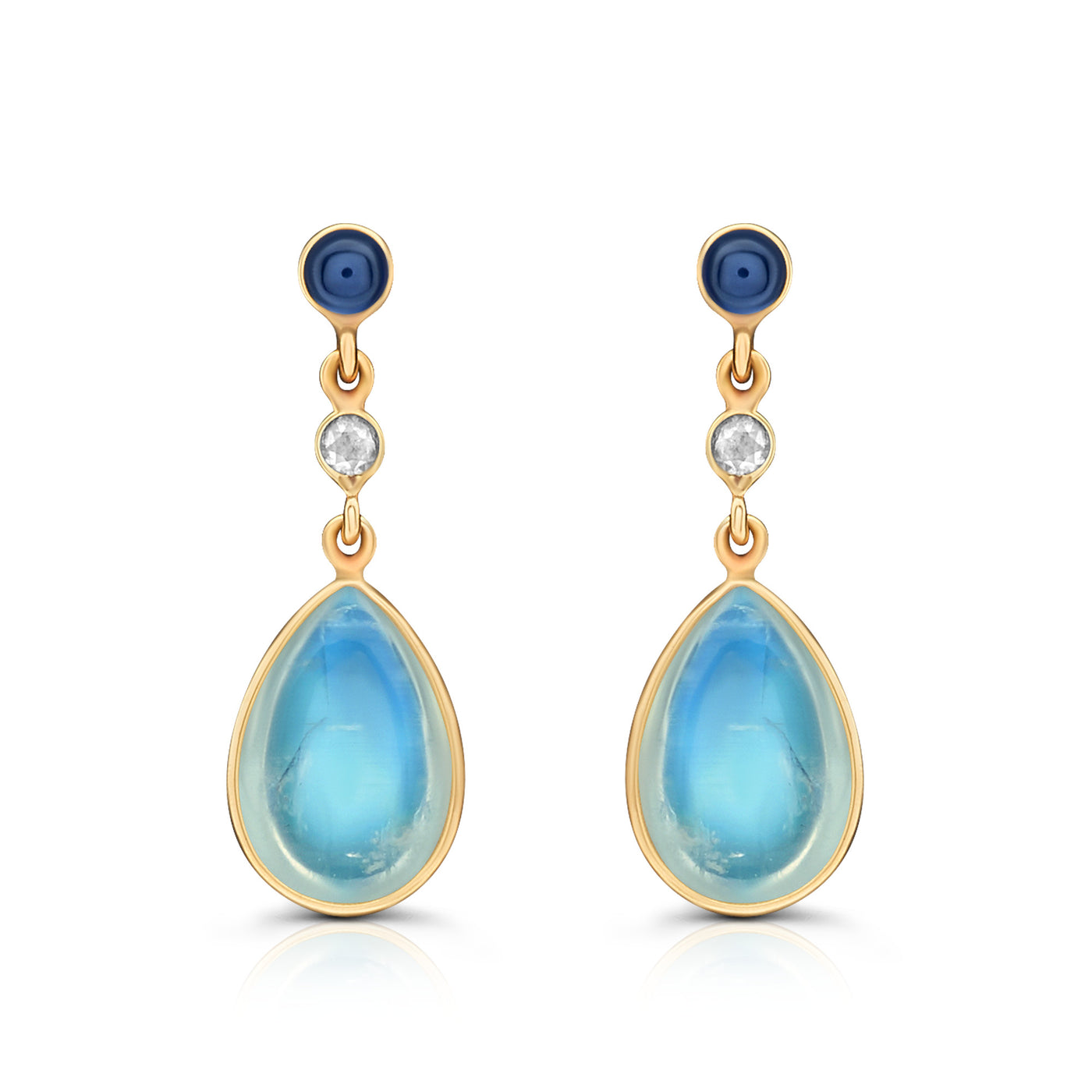 Blue Sapphire Round, Rainbow Moonstone Pear Shape And Diamond Earring In 18K Yellow Gold