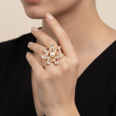 Close-up of a hand wearing a decorative ring with pearls and gemstones on a neutral background