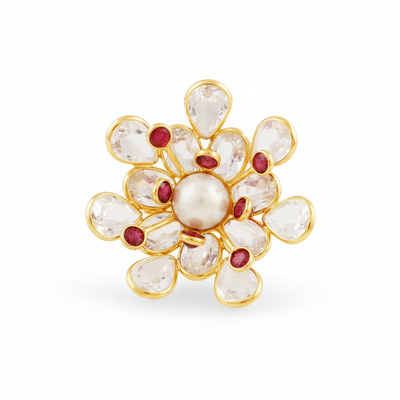 Blue Sapphire, White Sapphire And Pearl Flower Ring In 18K Yellow Gold