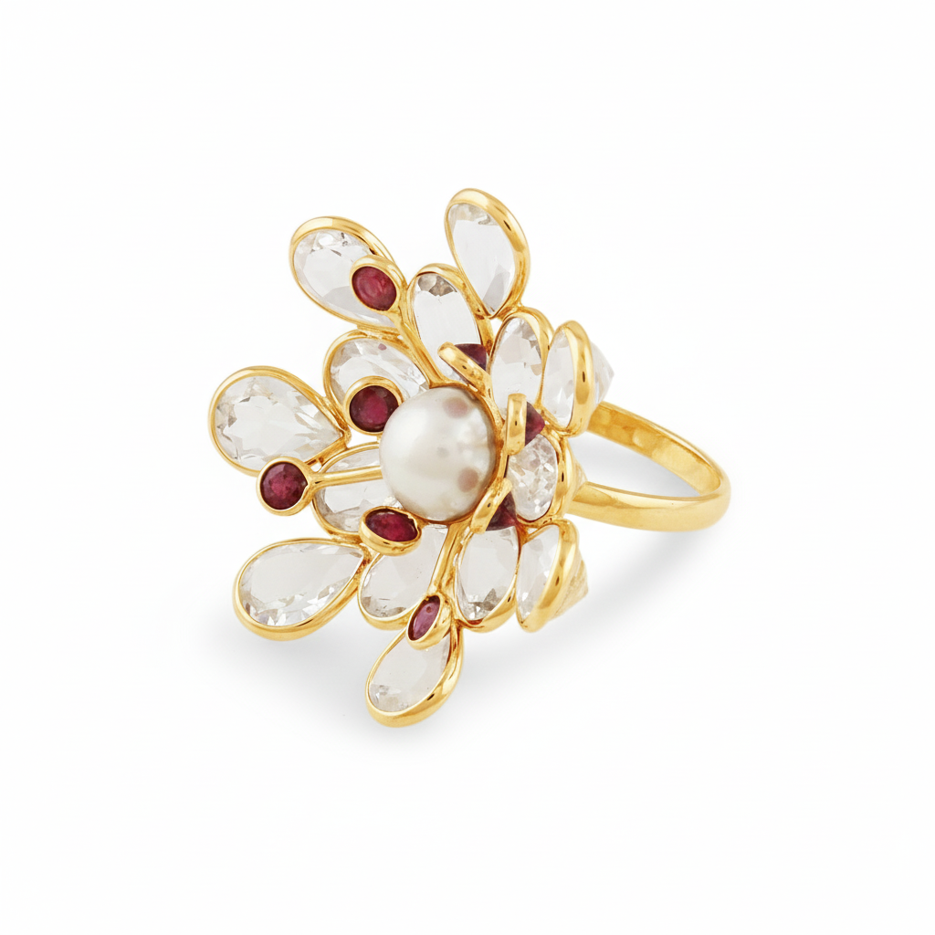 Blue Sapphire, White Sapphire And Pearl Flower Ring In 18K Yellow Gold