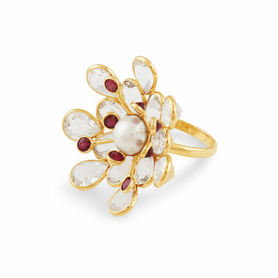 Blue Sapphire, White Sapphire And Pearl Flower Ring In 18K Yellow Gold