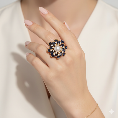 Hand wearing a decorative ring with pearls and gemstones on a neutral background