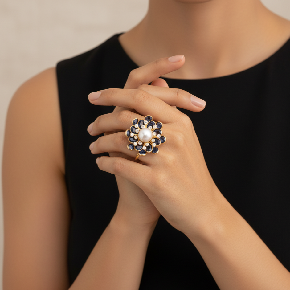 Close-up of a person wearing a decorative ring with a pearl on a neutral background