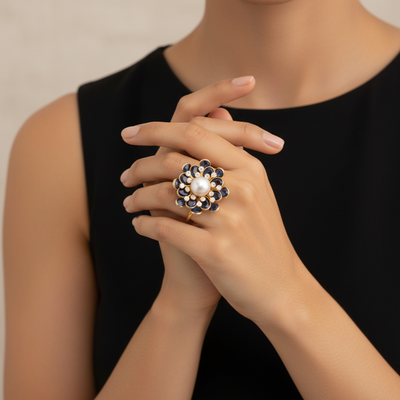 Close-up of a person wearing a decorative ring with a pearl on a neutral background