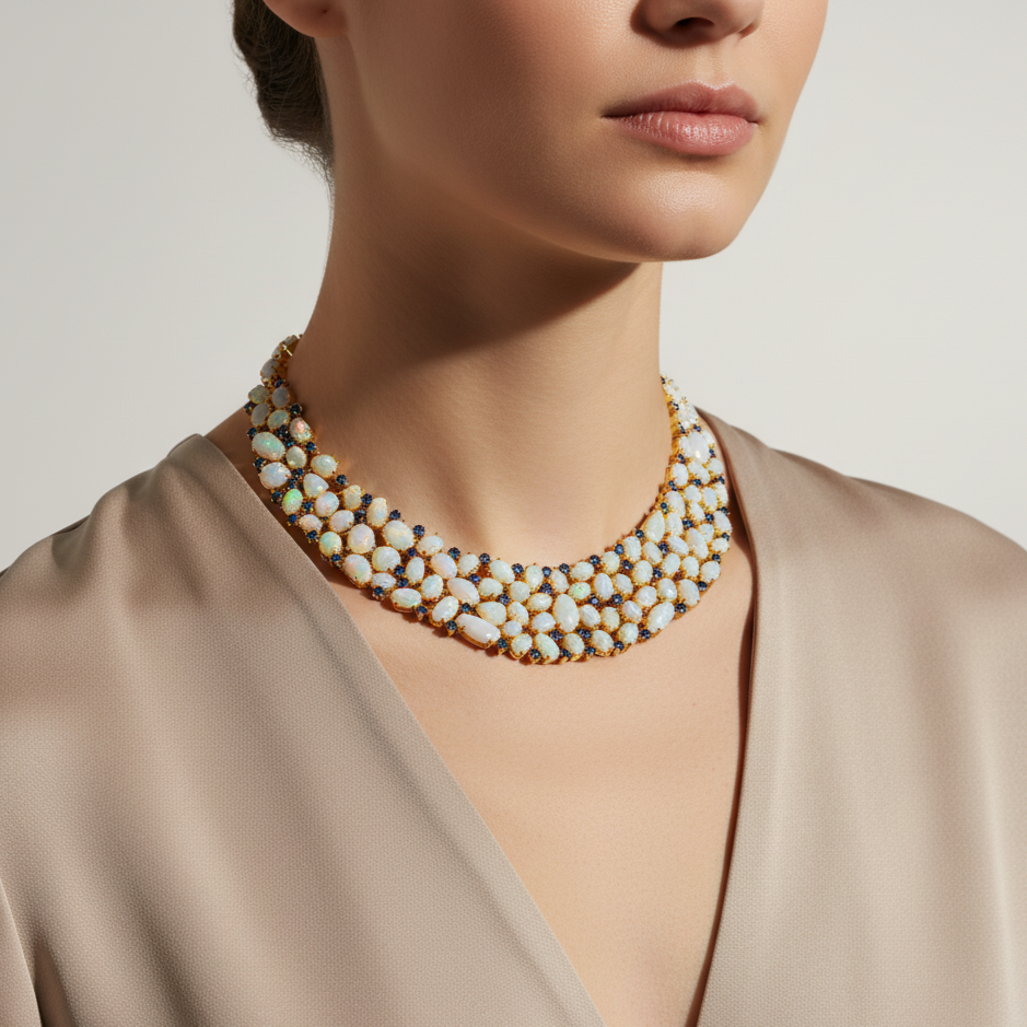 Necklace worn by a model against a neutral background