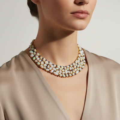 Necklace worn by a model against a neutral background