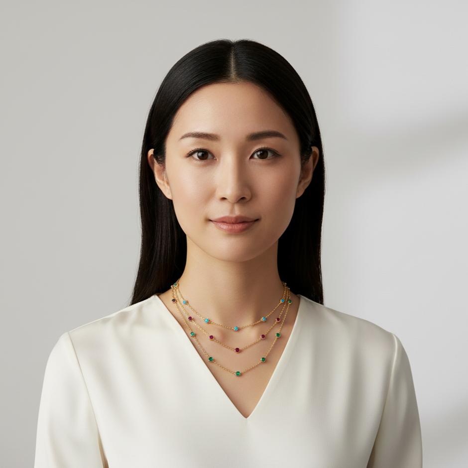 Woman wearing a white blouse and multiple necklaces against a plain background