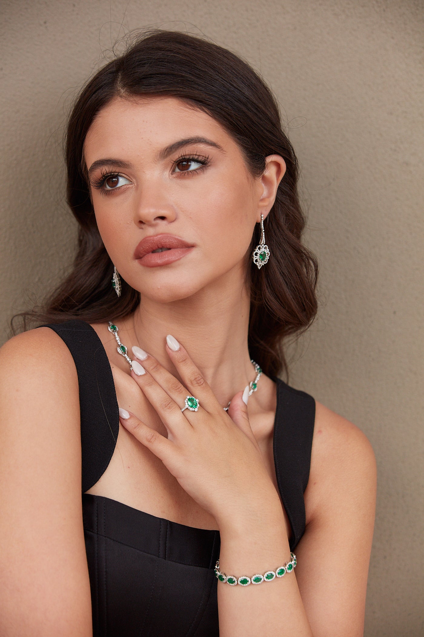 Emerald Oval & Diamond Bracelet In 18K White Gold - Tresor Collection White gold emerald bracelet styled with matching earrings – luxury fine jewelry look