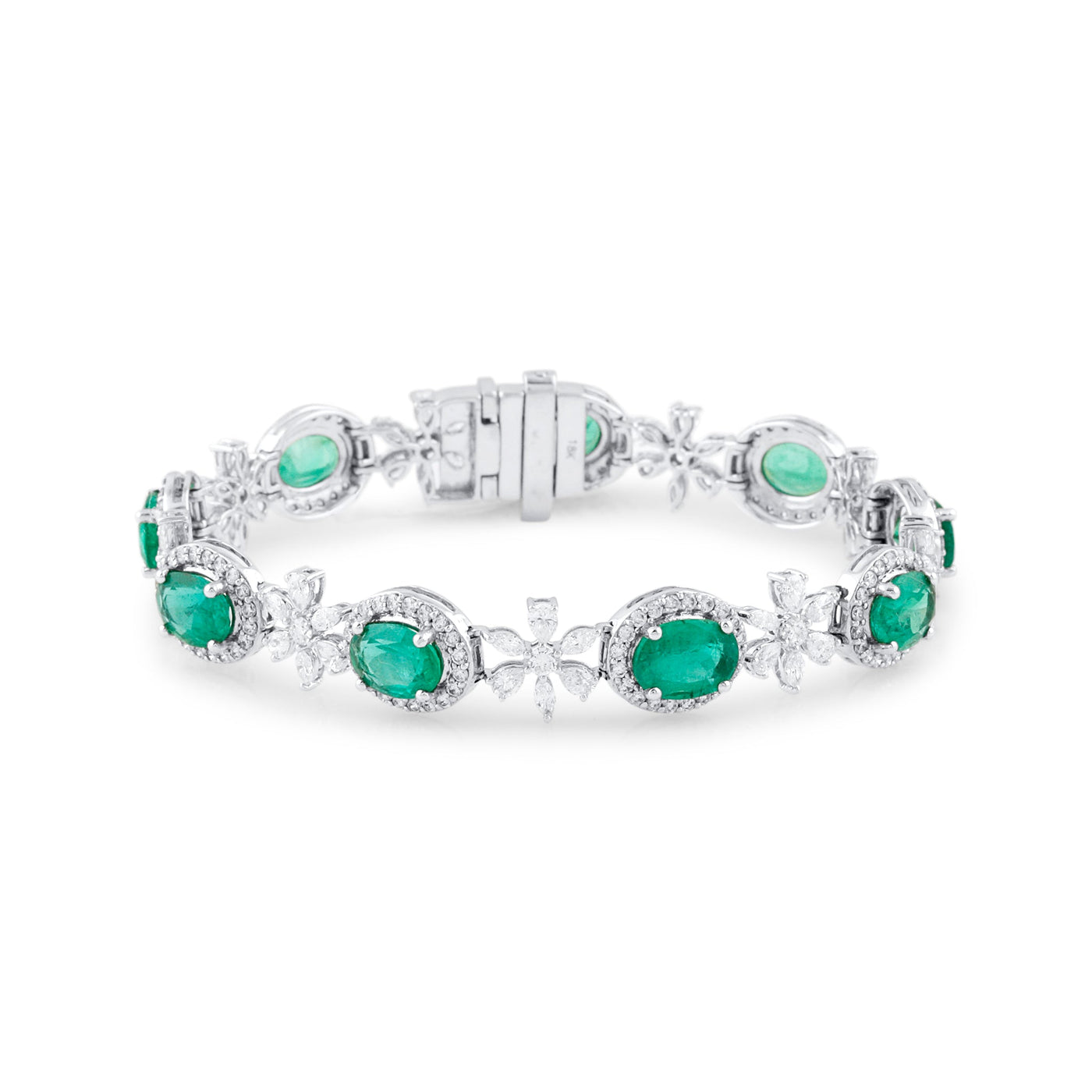 18K White Gold Oval Emerald & Diamond Bracelet by Tresor Collection White gold emerald bracelet flatlay – luxury green gemstone jewelry by Tresor Collection