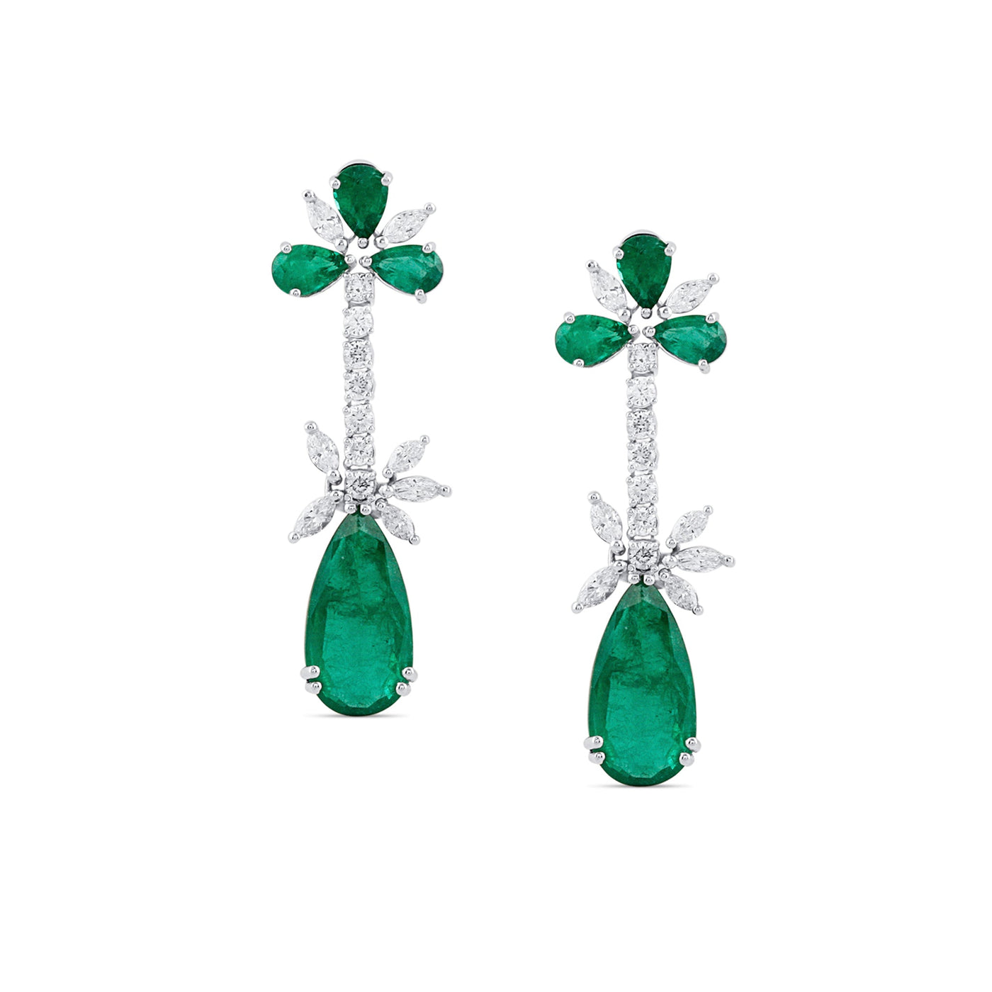 18K White Gold Emerald & Diamond Pear Shape Earrings by Tresor Collection Emerald and diamond floral drop earrings in 18K white gold – luxury handcrafted jewelry by Tresor Collection