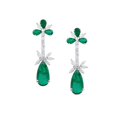18K White Gold Emerald & Diamond Pear Shape Earrings by Tresor Collection Emerald and diamond floral drop earrings in 18K white gold – luxury handcrafted jewelry by Tresor Collection