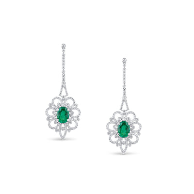 18K White Gold Oval Emerald & Diamond Earrings by Tresor Collection 18K white gold emerald and diamond floral drop earrings flatlay – luxury handcrafted jewelry by Tresor Collection
