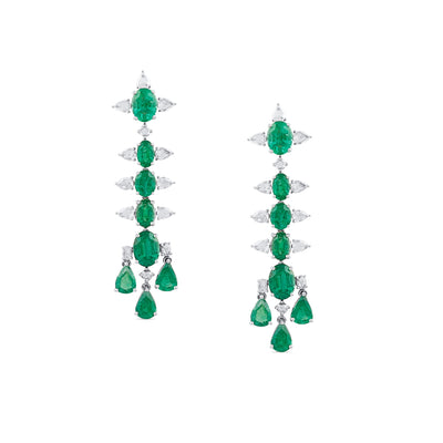 18K White Gold Emerald & Diamond Drop Earrings by Tresor Collection 18K white gold long emerald and diamond drop earrings flatlay – luxury handcrafted jewelry by Tresor Collection