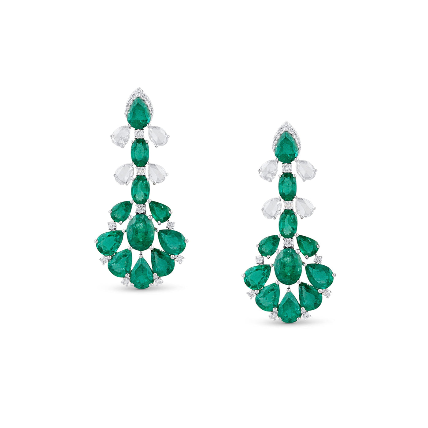 18K White Gold Emerald & Diamond Earrings by Tresor Collection Emerald and diamond drop earrings flatlay – luxury handcrafted fine jewelry by Tresor Collection