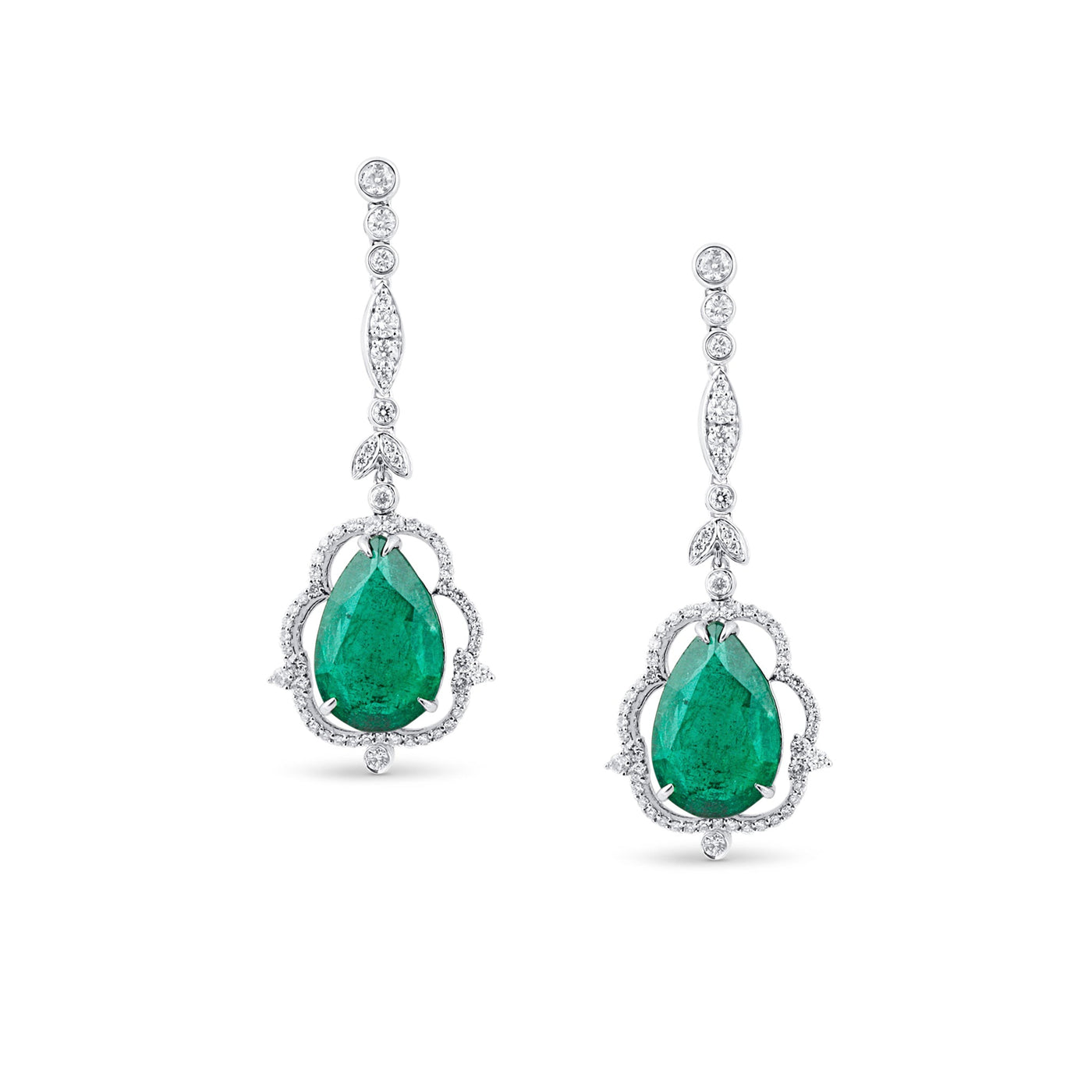 18K White Gold Emerald & Diamond Pear Shape Earrings by Tresor Collection Emerald and diamond drop earrings in 18K white gold – fine handcrafted jewelry by Tresor Collection
