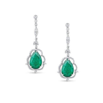18K White Gold Emerald & Diamond Pear Shape Earrings by Tresor Collection Emerald and diamond drop earrings in 18K white gold – fine handcrafted jewelry by Tresor Collection