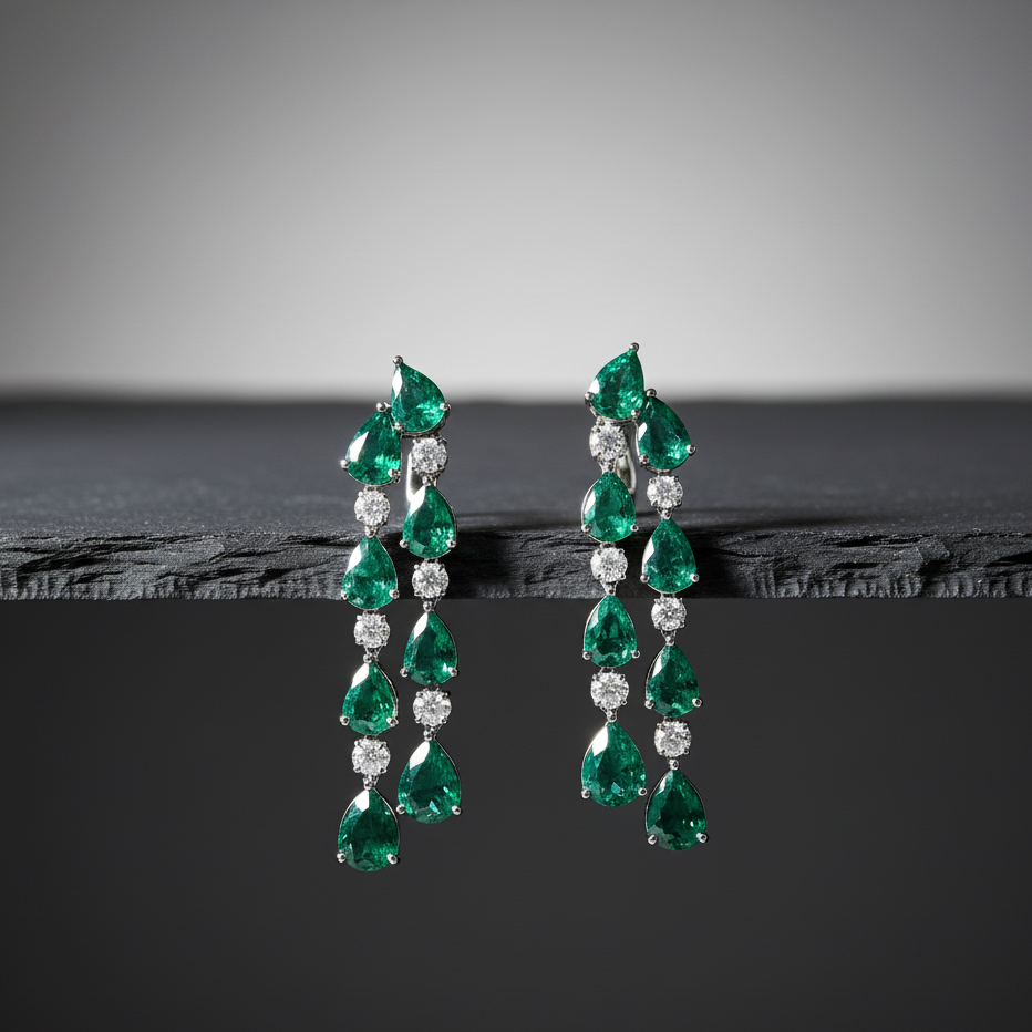 Pair of emerald and diamond earrings on a dark surface with a gray background Artistic flatlay of emerald and diamond drop earrings – handcrafted 18K gold statement jewelry