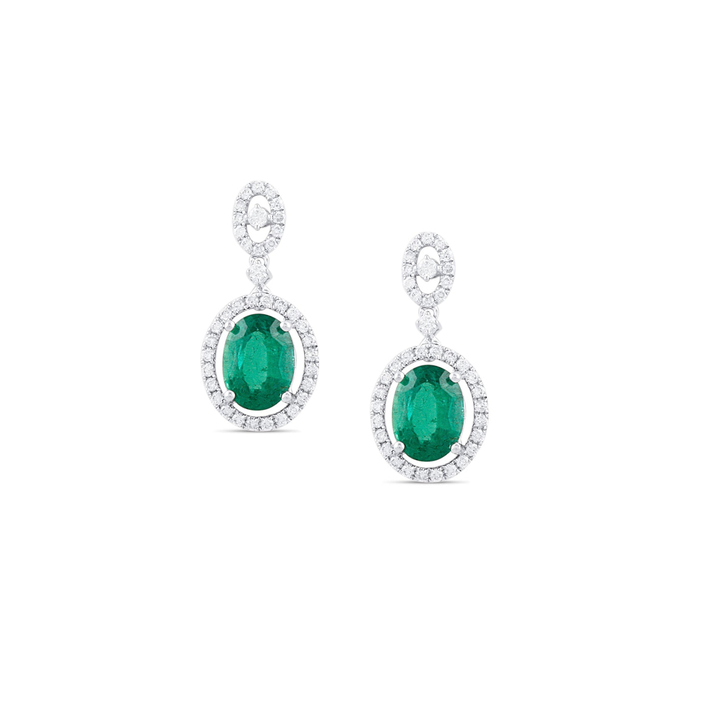 18K White Gold Emerald & Diamond Oval Earrings by Tresor Collection Oval-cut emerald and diamond drop earrings in 18K white gold – luxury handcrafted jewelry by Tresor Collection