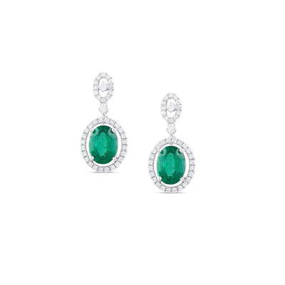 18K White Gold Emerald & Diamond Oval Earrings by Tresor Collection Oval-cut emerald and diamond drop earrings in 18K white gold – luxury handcrafted jewelry by Tresor Collection