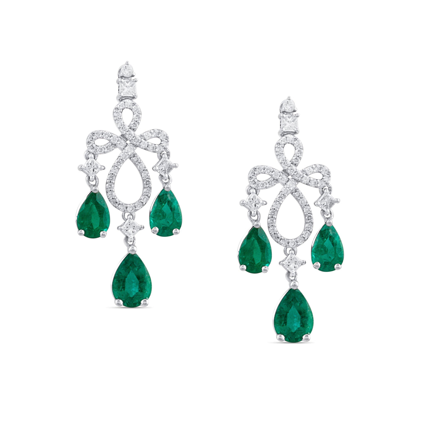 18K White Gold Emerald & Diamond Pear Shape Earrings by Tresor Collection Pear-cut emerald and diamond chandelier earrings in 18K white gold – luxury handcrafted jewelry by Tresor Collection