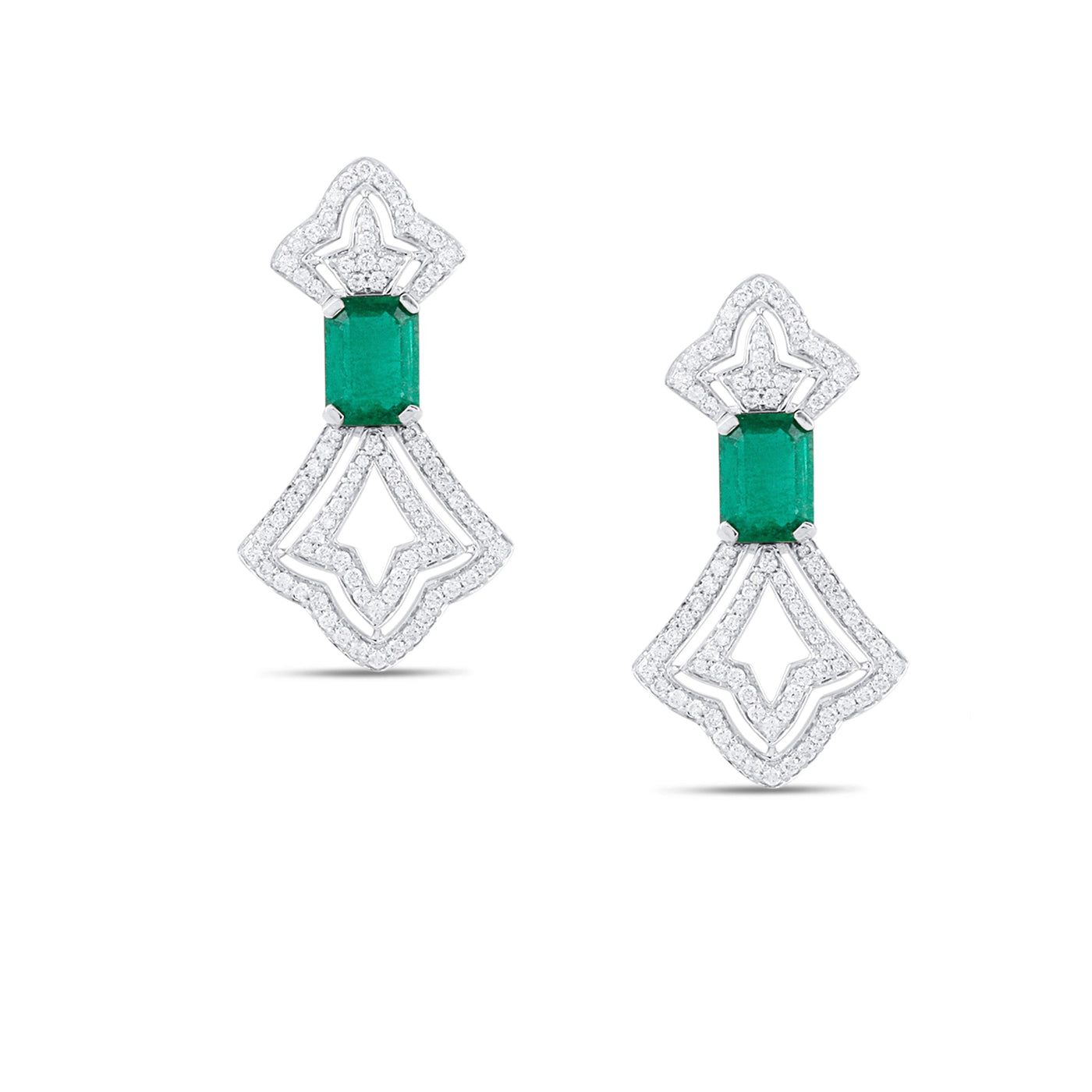 18K White Gold Emerald & Diamond Rectangular Earrings by Tresor Collection Emerald-cut emerald and diamond Art Deco earrings in 18K white gold – luxury handcrafted jewelry by Tresor Collection