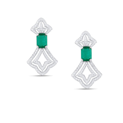 18K White Gold Emerald & Diamond Rectangular Earrings by Tresor Collection Emerald-cut emerald and diamond Art Deco earrings in 18K white gold – luxury handcrafted jewelry by Tresor Collection