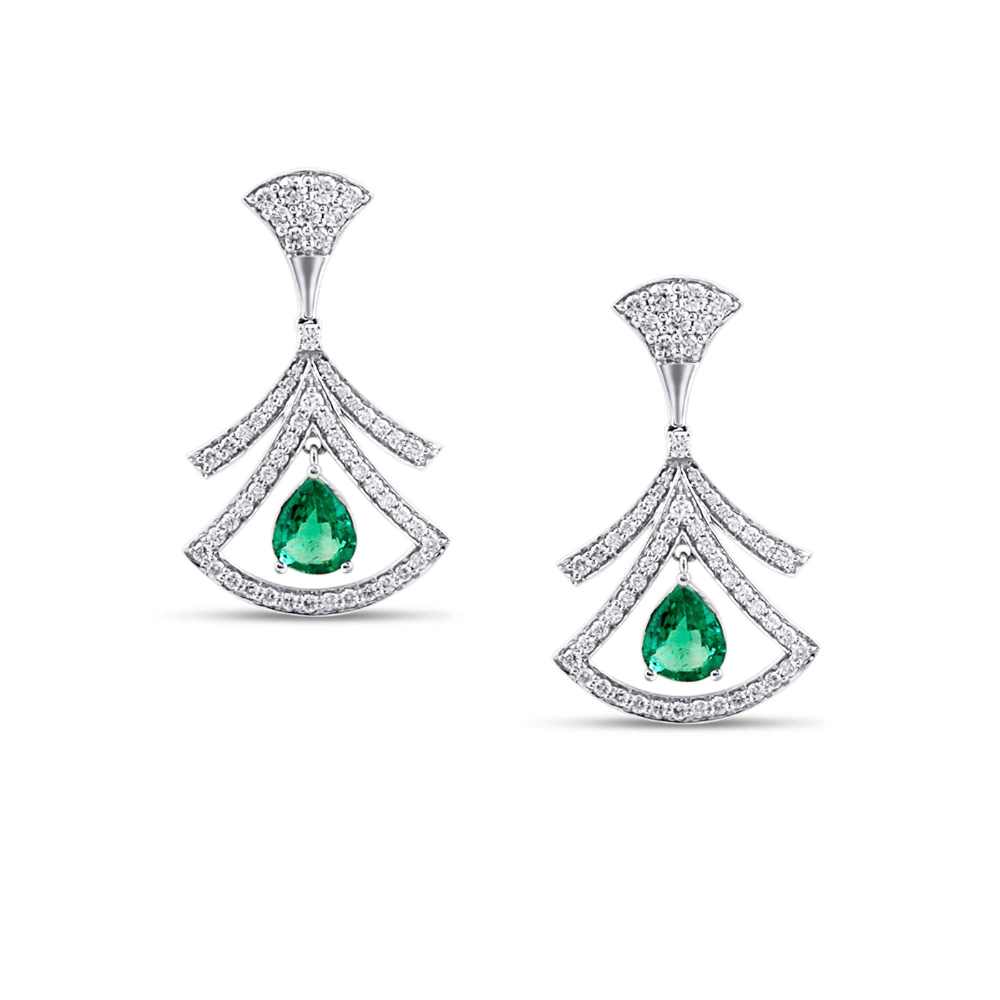 18K White Gold Emerald & Diamond Pear Shape Earrings by Tresor Collection Pear-shaped emerald and diamond drop earrings in 18K white gold – luxury handcrafted jewelry by Tresor Collection