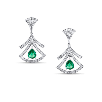 18K White Gold Emerald & Diamond Pear Shape Earrings by Tresor Collection Pear-shaped emerald and diamond drop earrings in 18K white gold – luxury handcrafted jewelry by Tresor Collection