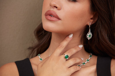 Emerald Rect. & Diamond Ring In 18K White Gold - Tresor Collection White gold emerald ring paired with matching necklace – chic gemstone jewelry set