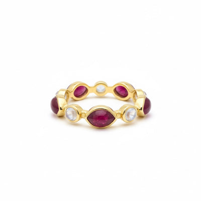 18K Gold Ruby Marquise And Rainbow Moonstone Ring - Mosaico Collection