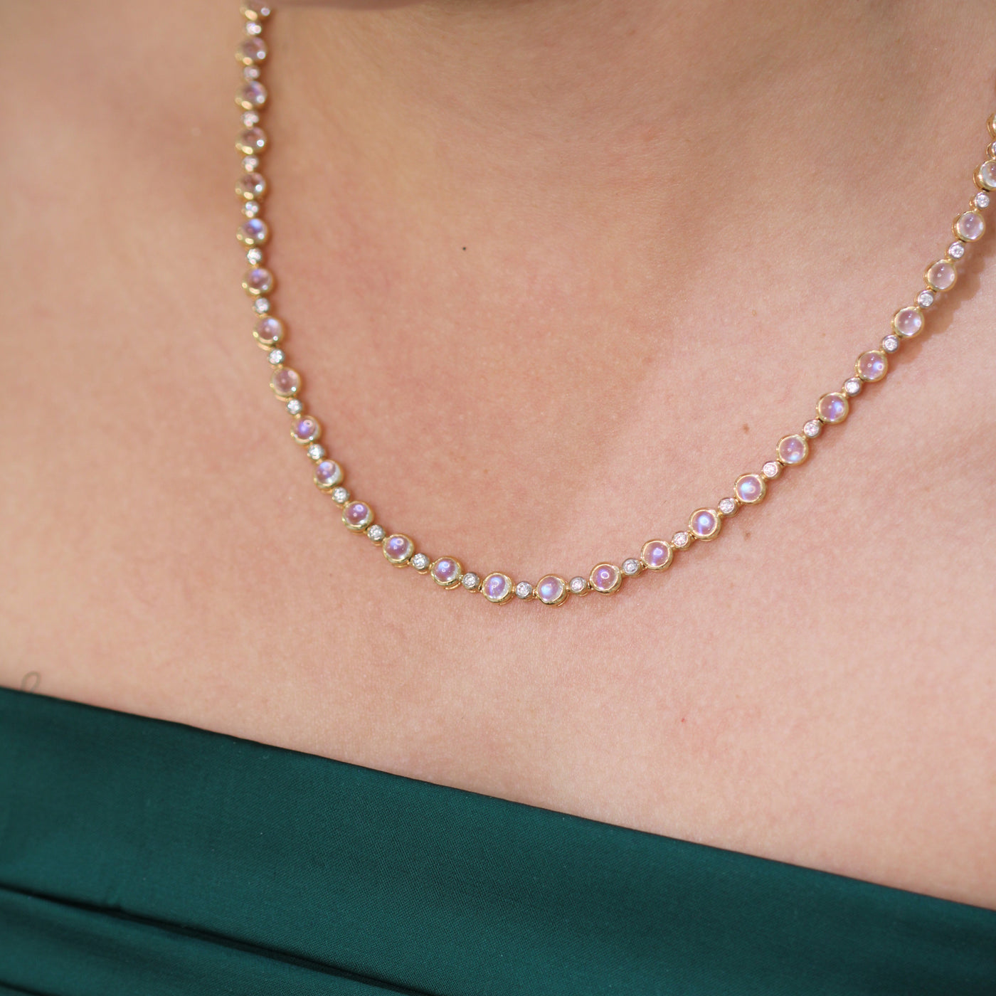 18K Gold Rainbow Moonstone and Diamond Tennis Necklace