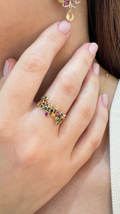 Multicolor Stone Round Ring In 18K Yellow Gold