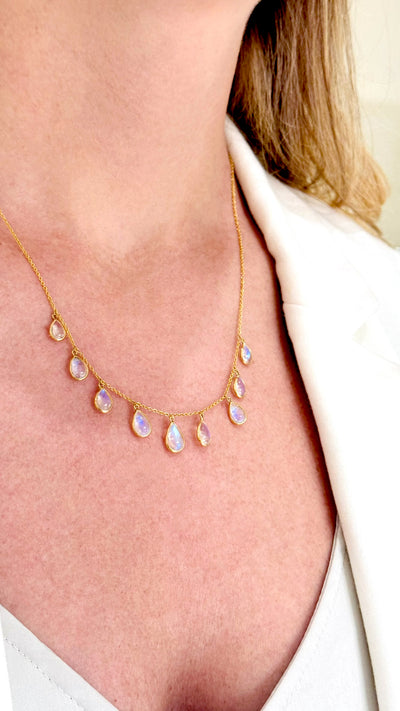 Rainbow Moonstone Pear Shape Necklace In 18K Yellow Gold