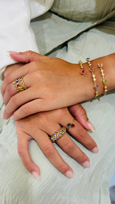 Multicolor Gemstone & Diamond 2 Row Symphony Bracelet In 18K Yellow Gold