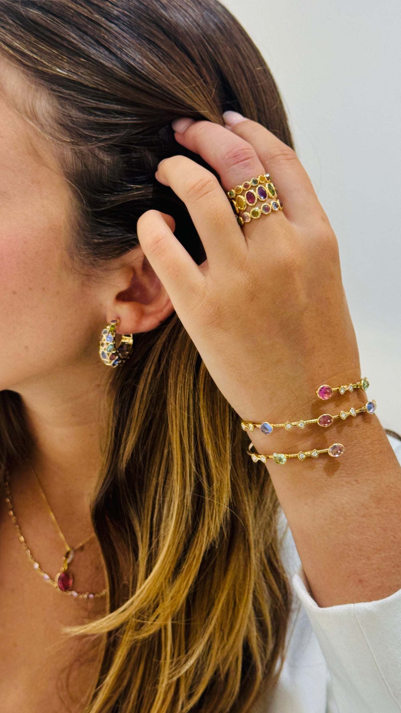 Multicolor Gemstone & Diamond 2 Row Symphony Bracelet In 18K Yellow Gold