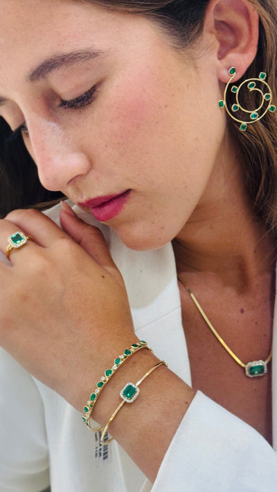 Emerald Rectangle And Diamond Bangle In 18K Yellow Gold
