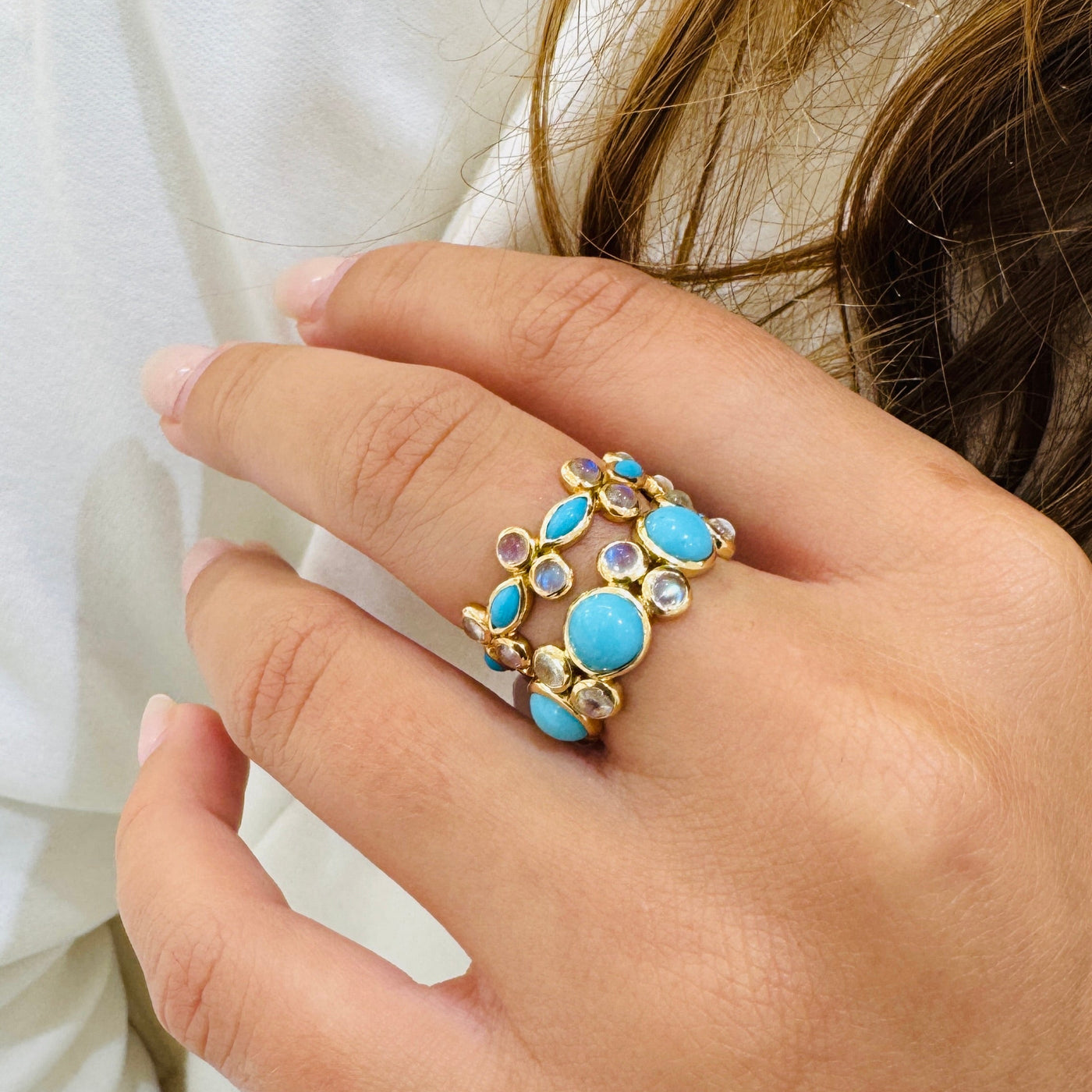 Turquoise Marquise & Rainbow Moonstone Round Ring In 18K Yellow Gold