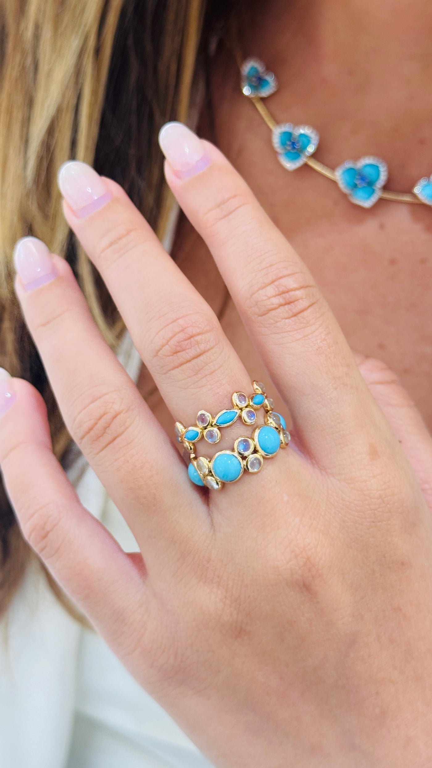 Turquoise Marquise & Rainbow Moonstone Round Ring In 18K Yellow Gold
