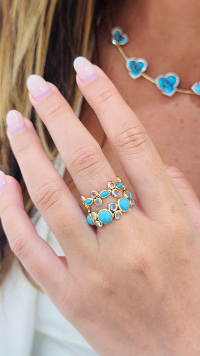 Turquoise Marquise & Rainbow Moonstone Round Ring In 18K Yellow Gold