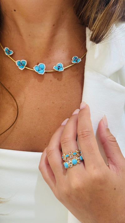 Turquoise Marquise & Rainbow Moonstone Round Ring In 18K Yellow Gold