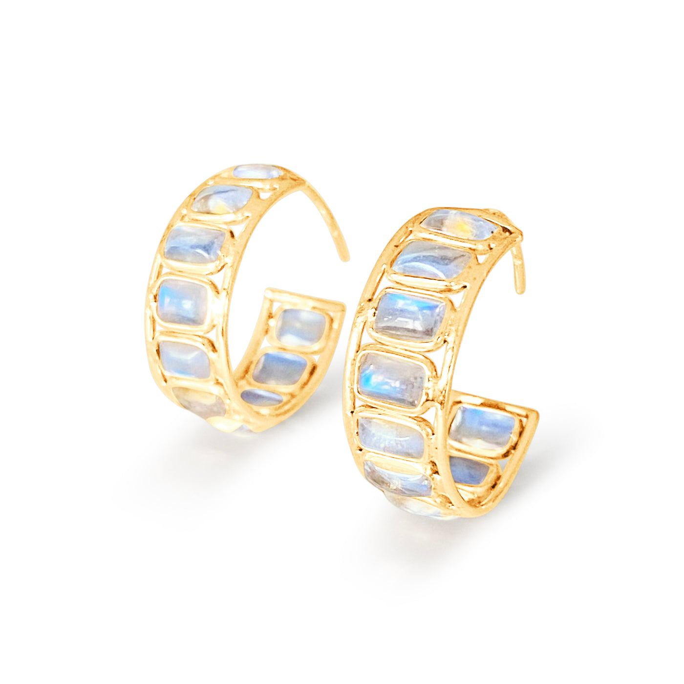 Rainbow Moonstone Rectangle Hoop Earring In 18K Yellow Gold